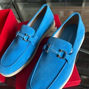 Salvatore Ferragamo brand new Azur Blue Men's suede slip on loafers.